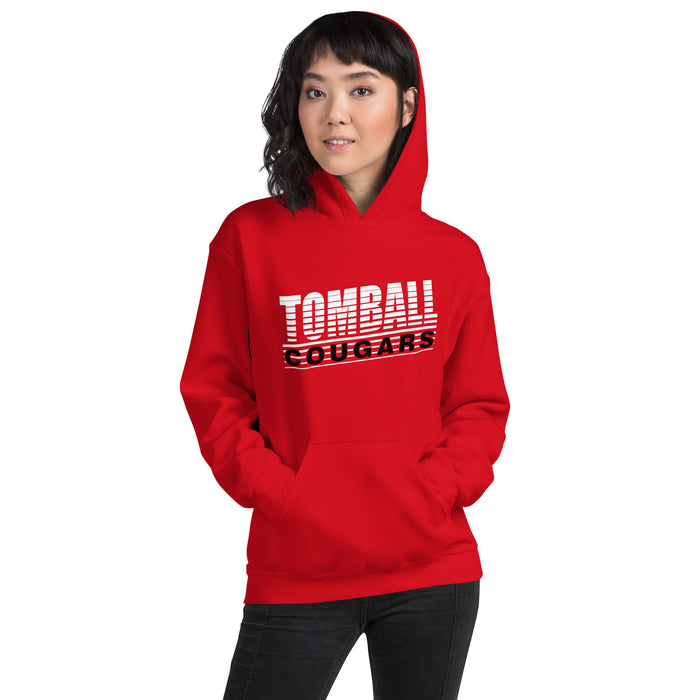 Woman wearing a Tomball High School Cougars Red Classic Unisex Hoodie 32