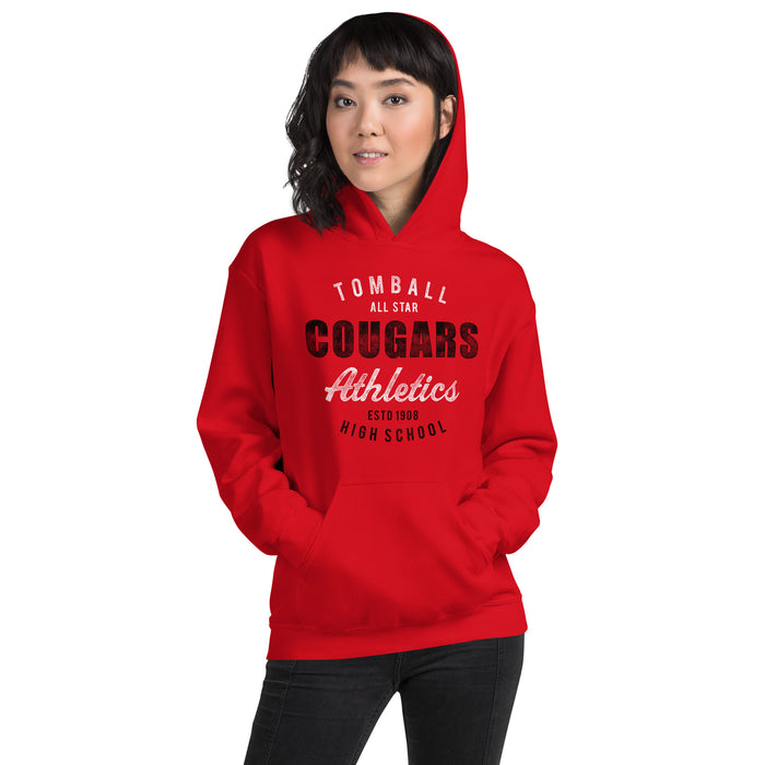 Woman wearing a Tomball High School Cougars Red Classic Unisex Hoodie 34