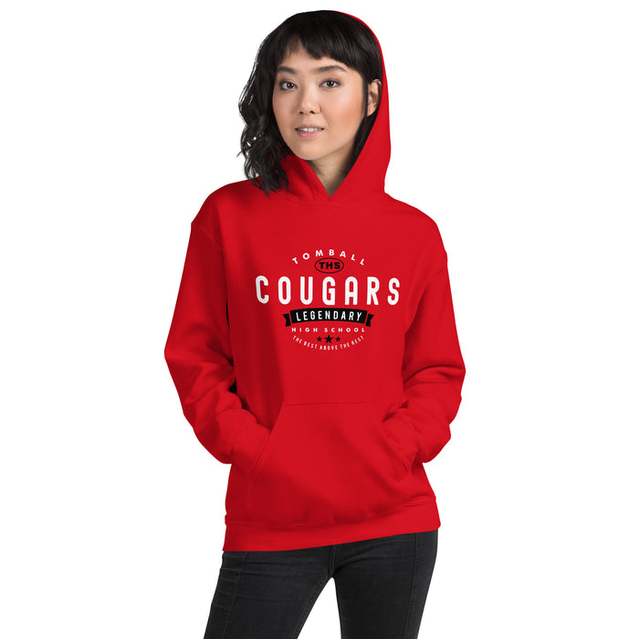 Woman wearing a Tomball High School Cougars Red Classic Unisex Hoodie 44