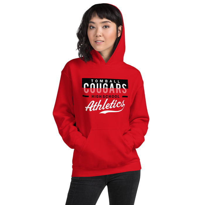 Woman wearing a Tomball High School Cougars Red Classic Unisex Hoodie 48