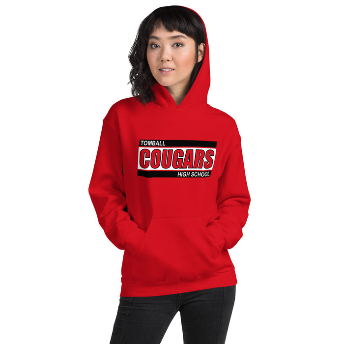 Woman wearing a Tomball High School Cougars Red Classic Unisex Hoodie 72