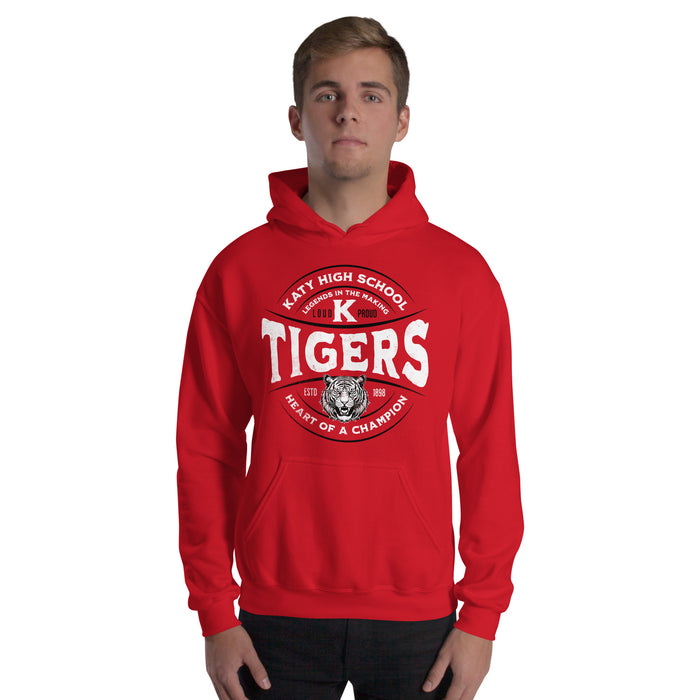 Man wearing a Katy High School Tigers Red Classic Unisex Hoodie 202