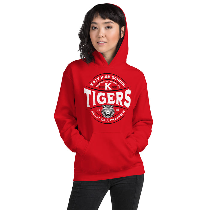 Woman wearing a Katy High School Tigers Red Classic Unisex Hoodie 202