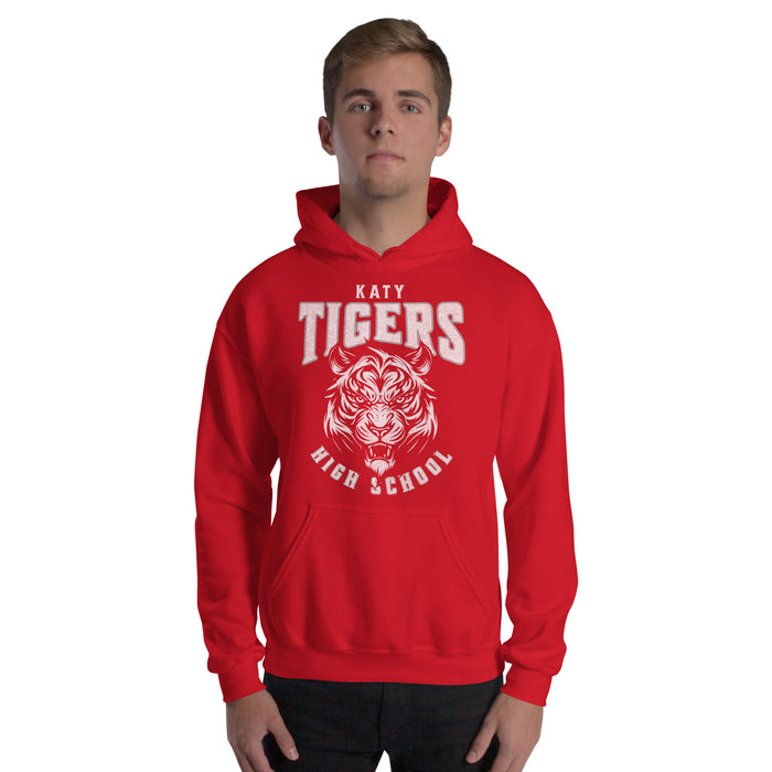 Man wearing a Katy High School Tigers Red Classic Unisex Hoodie 206