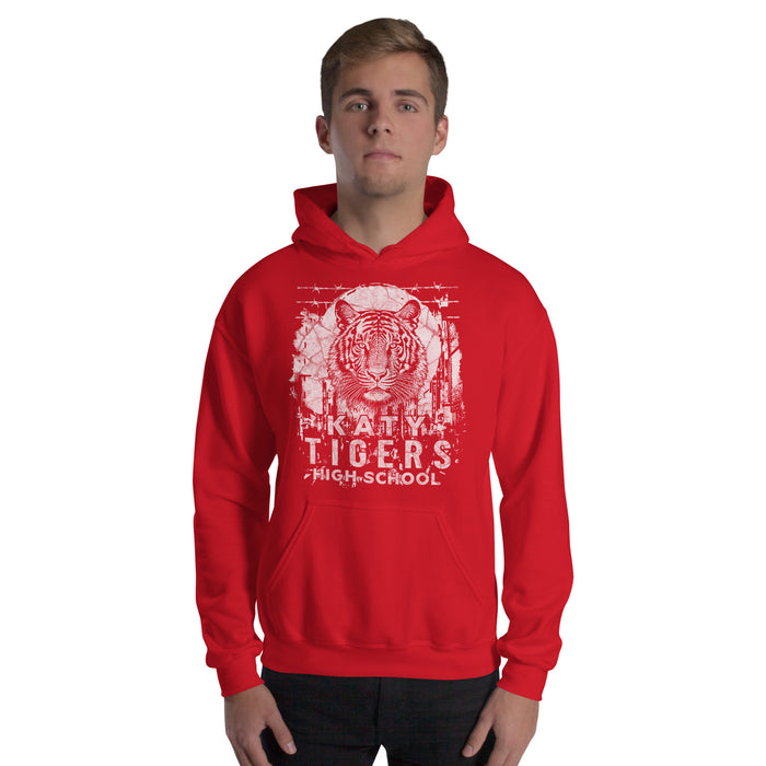 Man wearing a Katy High School Tigers Red Classic Unisex Hoodie 207