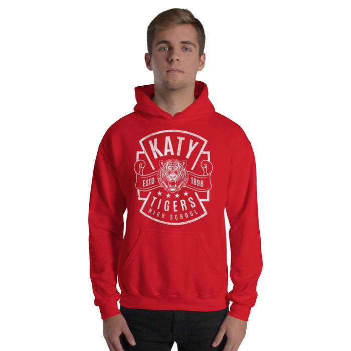 Man wearing a Katy High School Tigers Red Classic Unisex Hoodie 208