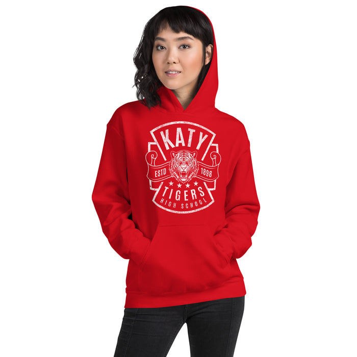 Woman wearing a Katy High School Tigers Red Classic Unisex Hoodie 208