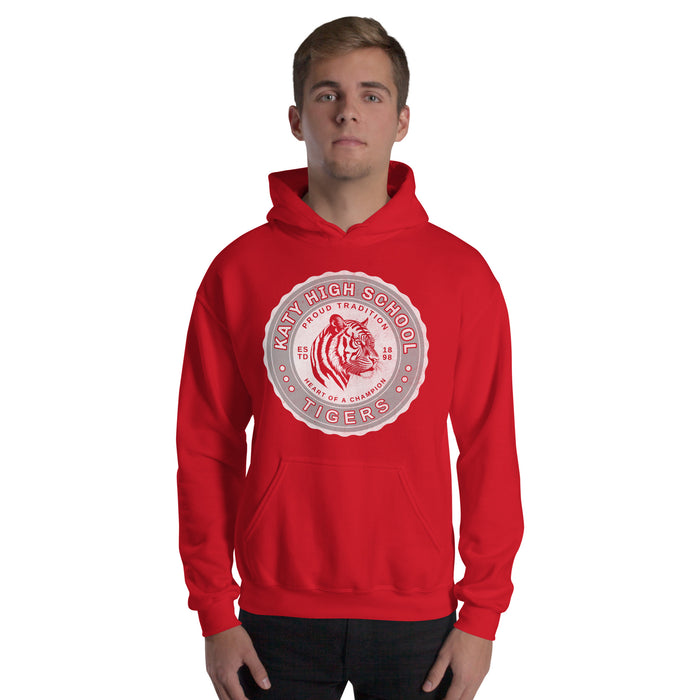 Man wearing a Katy High School Tigers Red Classic Unisex Hoodie 209