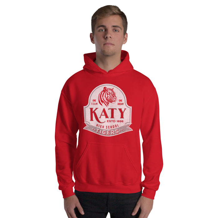 Man wearing a Katy High School Tigers Red Classic Unisex Hoodie 212