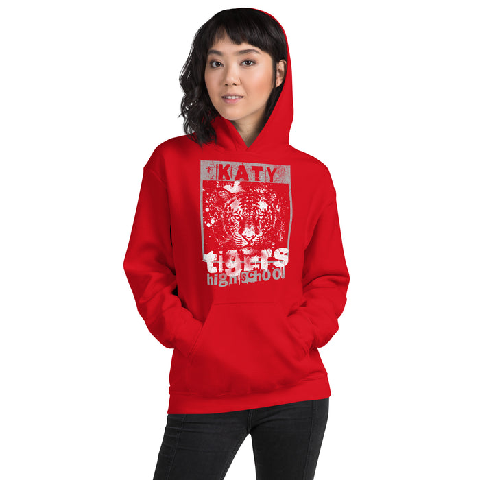 Woman wearing a Katy High School Tigers Red Classic Unisex Hoodie 216