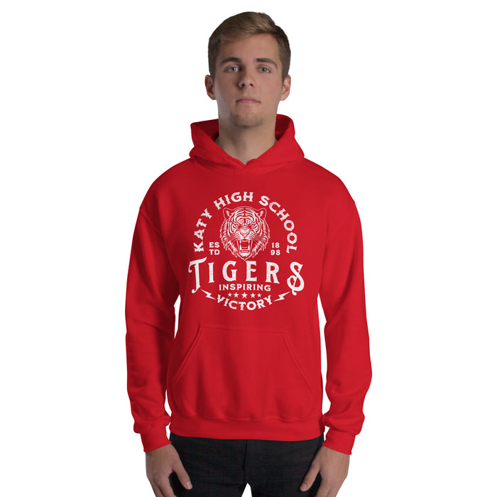 Man wearing a Katy High School Tigers Red Classic Unisex Hoodie 221