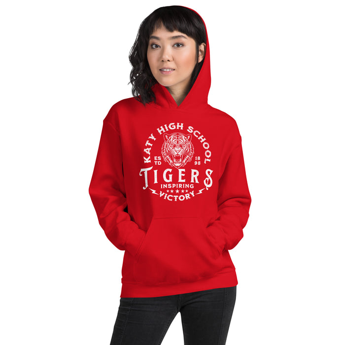 Woman wearing a Katy High School Tigers Red Classic Unisex Hoodie 221