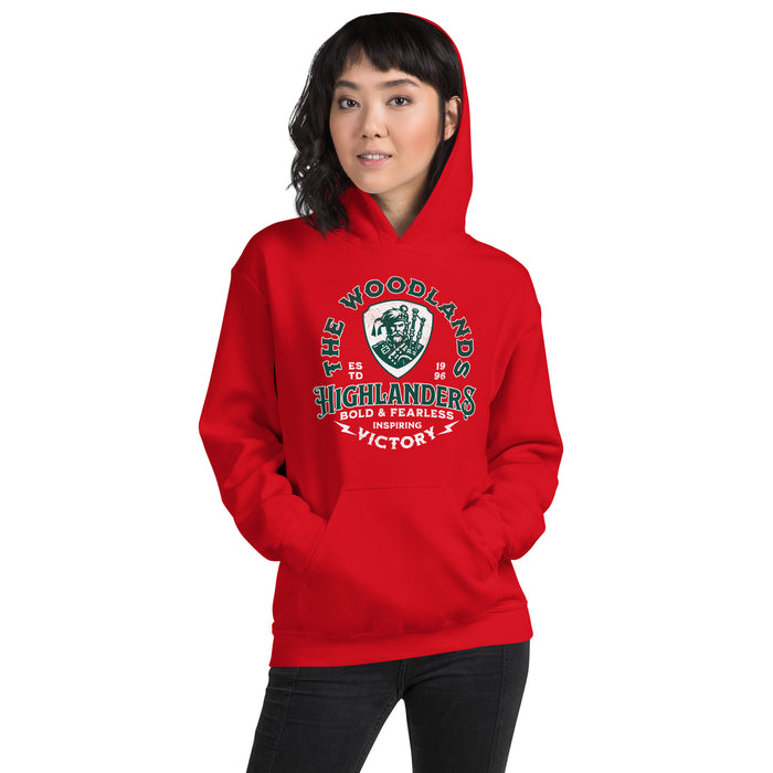 Woman wearing The Woodlands High School Highlanders Red Classic Unisex Hoodie 209