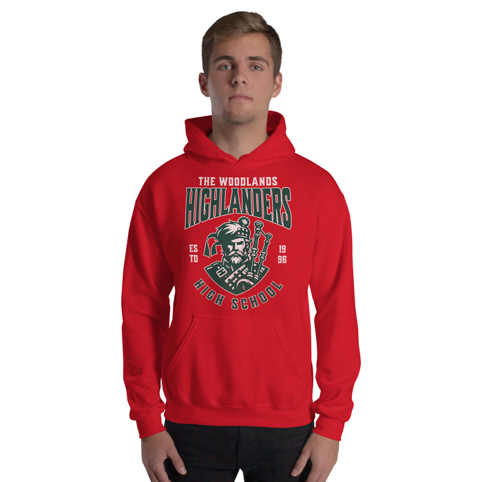 Man wearing The Woodlands High School Highlanders Red Classic Unisex Hoodie 212