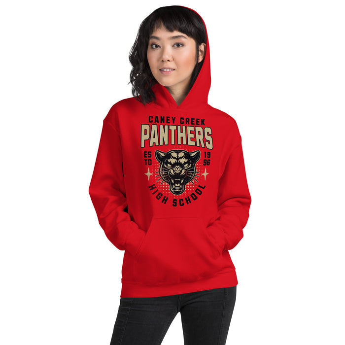 Woman wearing Caney Creek High School Panthers Red Classic Unisex Hoodie 204