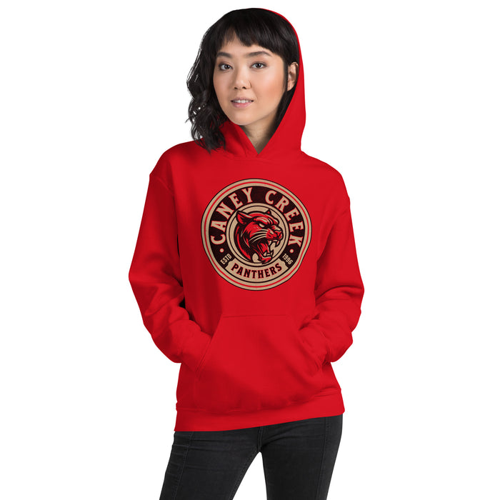 Woman wearing Caney Creek High School Panthers Red Classic Unisex Hoodie 220