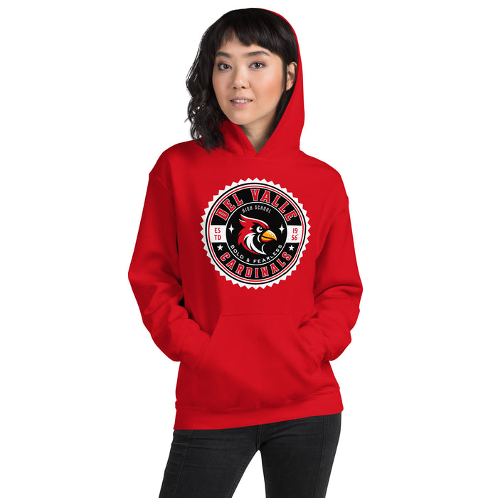 Woman wearing Del Valle High School Cardinals Red Classic Unisex Hoodie 203