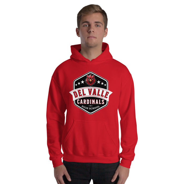 Man wearing Del Valle High School Cardinals Red Classic Unisex Hoodie 209