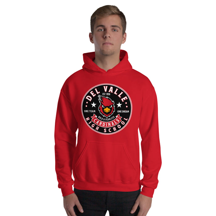 Student wearing Del Valle High School Cardinals Red Classic Unisex Hoodie 215