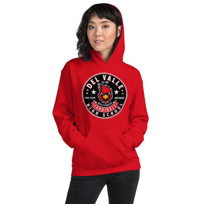 Woman wearing Del Valle High School Cardinals Red Classic Unisex Hoodie 215