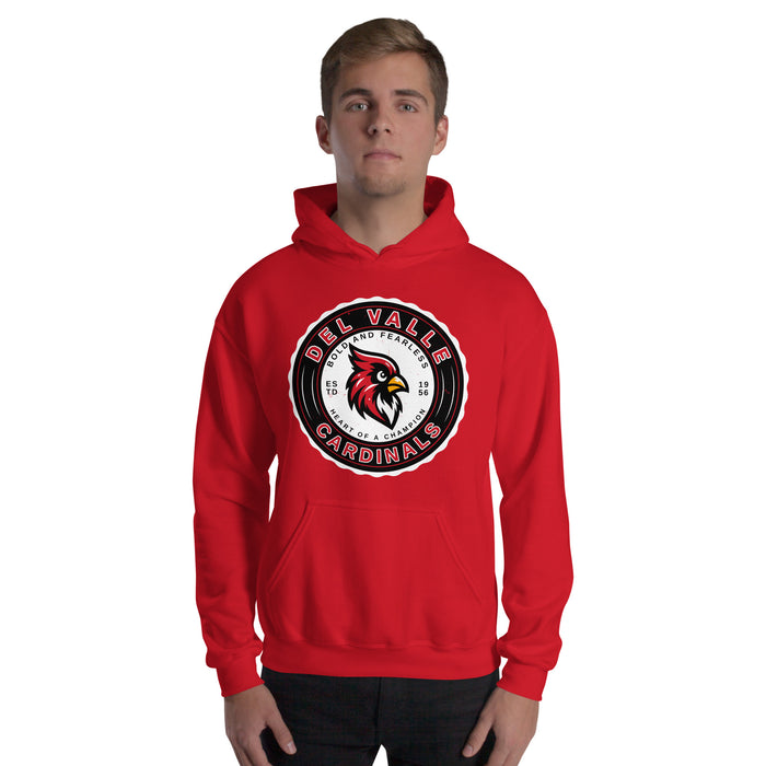 Student wearing Del Valle High School Cardinals Red Classic Unisex Hoodie 216