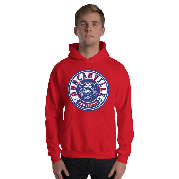 Man wearing Duncanville High School Panthers Red Classic Unisex Hoodie 218