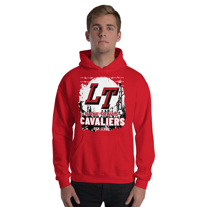 Man wearing Lake Travis High School Cavaliers Red Classic Unisex Hoodie 202