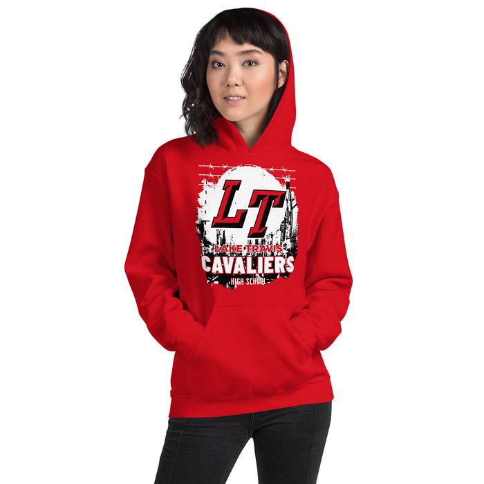 Woman wearing Lake Travis High School Cavaliers Red Classic Unisex Hoodie 202