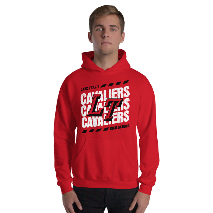 Man wearing Lake Travis High School Cavaliers Red Classic Unisex Hoodie 223