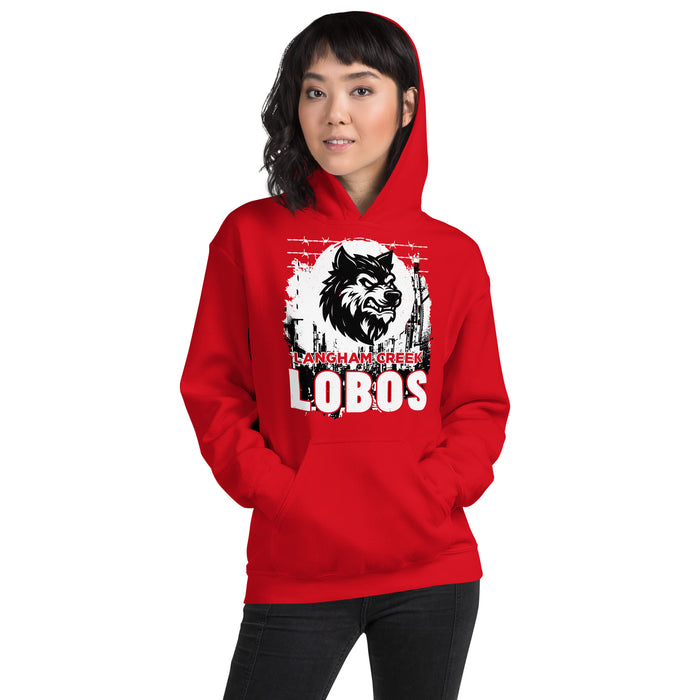 Woman wearing Langham Creek High School Lobos Red Classic Unisex Hoodie 202