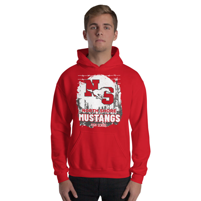 Man wearing North Shore High School Mustangs Red Classic Unisex Hoodie 202