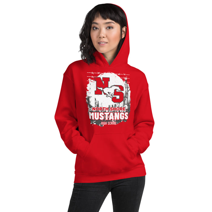 Woman wearing North Shore High School Mustangs Red Classic Unisex Hoodie 202