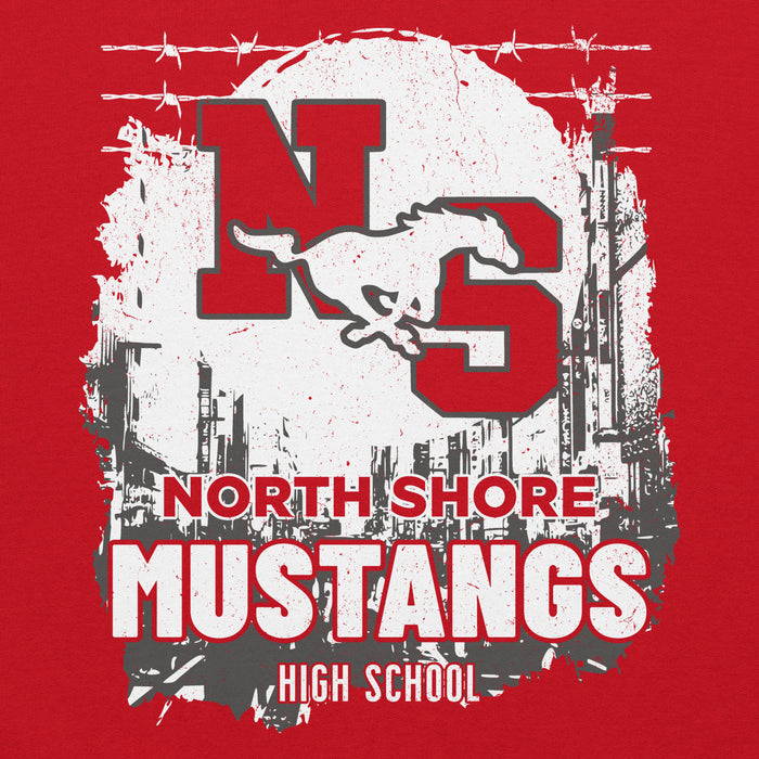 Close-up view of North Shore High School Mustangs Red Classic Unisex Hoodie 202