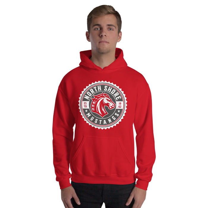 Man wearing North Shore High School Mustangs Red Classic Unisex Hoodie 203