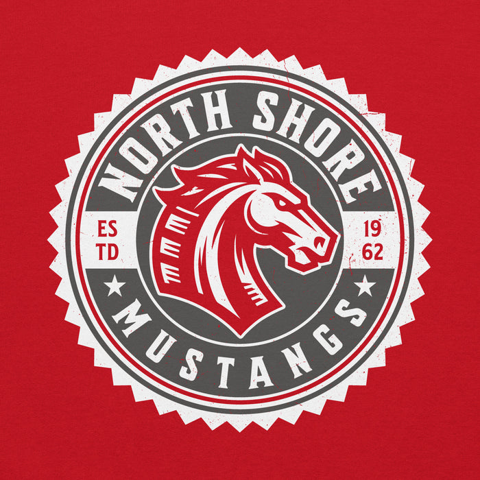 Close-up view of North Shore High School Mustangs Red Classic Unisex Hoodie 203