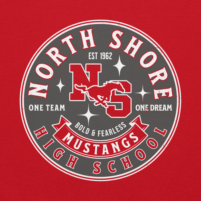 Close-up view of North Shore High School Mustangs Red Classic Unisex Hoodie 215