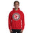 Man wearing North Shore High School Mustangs Red Classic Unisex Hoodie 216