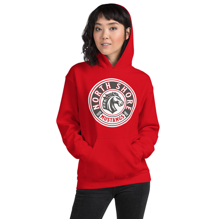 Woman wearing North Shore High School Mustangs Red Classic Unisex Hoodie 220