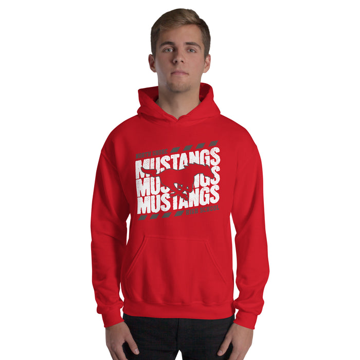 Man wearing North Shore High School Mustangs Red Classic Unisex Hoodie 223