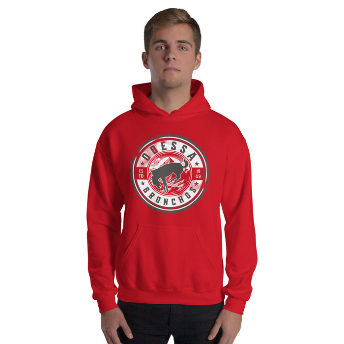 Man wearing Odessa High School Bronchos Red Classic Unisex Hoodie 203