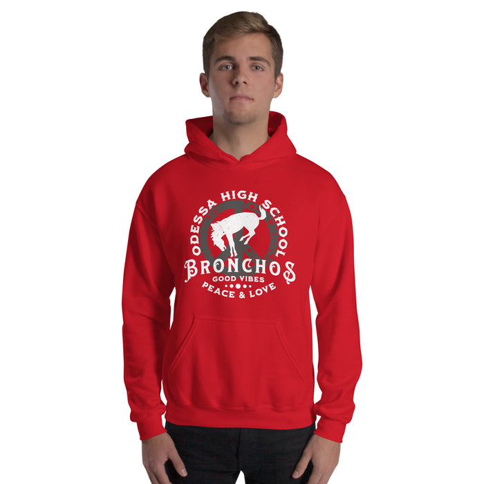 Man wearing Odessa High School Bronchos Red Classic Unisex Hoodie 206