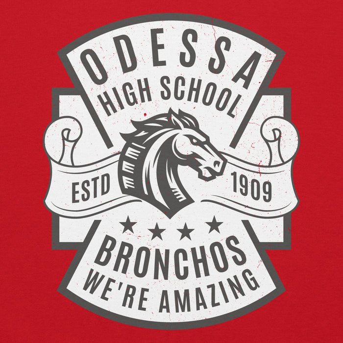 Close-up view of Odessa High School Bronchos Red Classic Unisex Hoodie 207