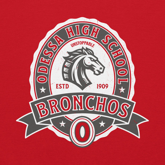 Close-up view of Odessa High School Bronchos Red Classic Unisex Hoodie 212