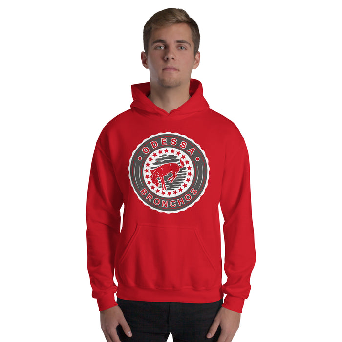 Man wearing Odessa High School Bronchos Red Classic Unisex Hoodie 216