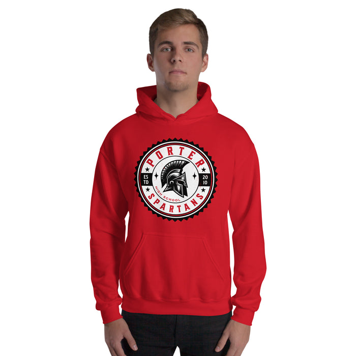 Man wearing Porter High School Spartans Red Classic Unisex Hoodie 203