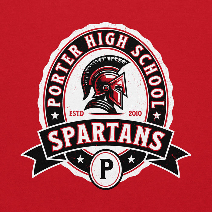 Close-up view of Porter High School Spartans Red Classic Unisex Hoodie 212