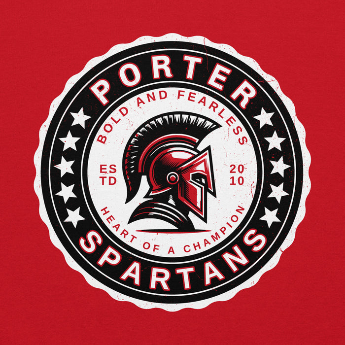 Close-up view of Porter High School Spartans Red Classic Unisex Hoodie 216