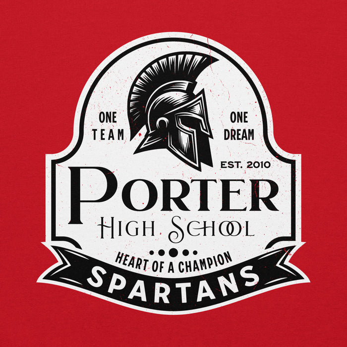 Close-up view of Porter High School Spartans Red Classic Unisex Hoodie 219