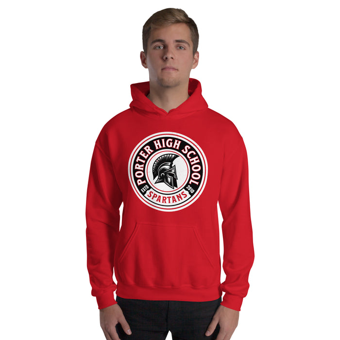 Man wearing Porter High School Spartans Red Classic Unisex Hoodie 220