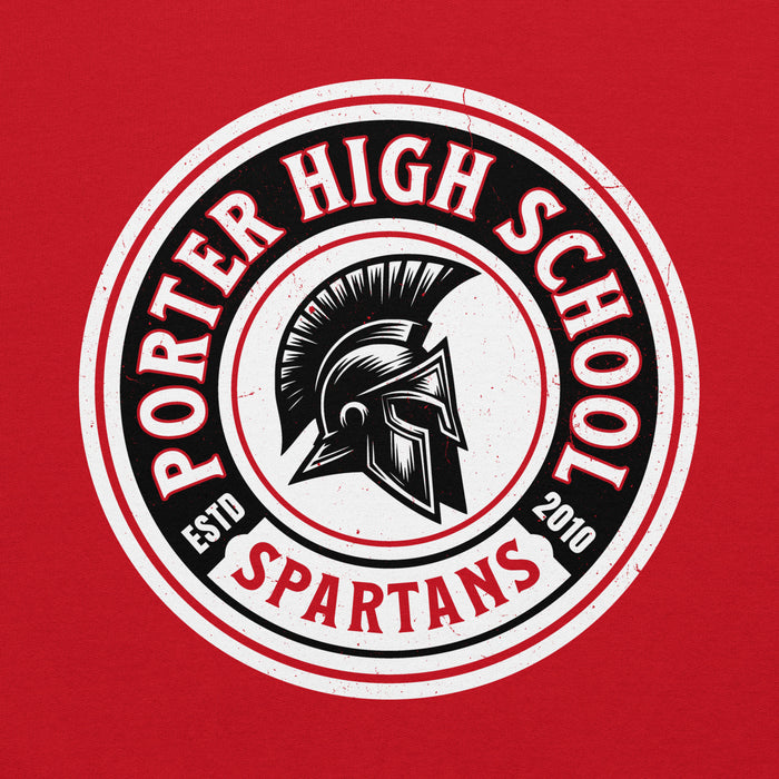 Close-up view of Porter High School Spartans Red Classic Unisex Hoodie 220